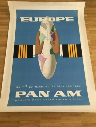 Rare Vintage Pan Am Poster Europe 1959 Travel Airlines Linen Backed Jet