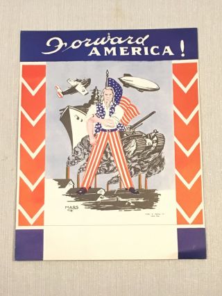 1942 Forward America 11x14 Offset Print Serigraph Wwii Uncle Sam Propaganda Usa