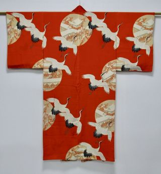 Japanese Kimono Silk Antique Juban / Crane / Orange / Vintage Silk Fabric /222