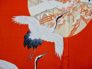 JAPANESE KIMONO SILK ANTIQUE JUBAN / CRANE / ORANGE / VINTAGE SILK FABRIC /222 4
