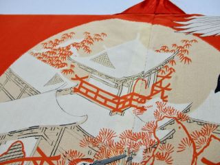 JAPANESE KIMONO SILK ANTIQUE JUBAN / CRANE / ORANGE / VINTAGE SILK FABRIC /222 5