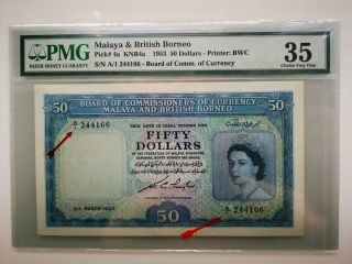 Malaya & British Borneo Qeii $50 1953 First Prefix A/1 Pmg 35 Rare