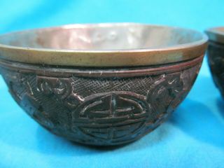 ANTIQUE CHINESE RICE BOWLS SILVER OVER BRASS WITH CARVED WOOD SHELL 3