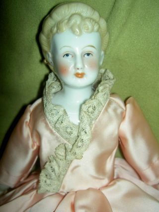 Elegant 1920s Antique Vintage Blonde Adult China Doll,  Pierced Ears,  Satin Gown