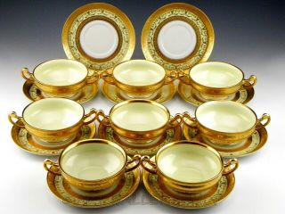 Antique Hutschenreuther Gold Encrusted Cream Soup Cups Bowls And Saucers Set 8