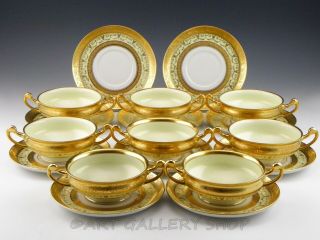 Antique Hutschenreuther GOLD ENCRUSTED CREAM SOUP CUPS BOWLS AND SAUCERS Set 8 2