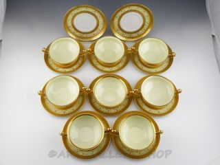 Antique Hutschenreuther GOLD ENCRUSTED CREAM SOUP CUPS BOWLS AND SAUCERS Set 8 4
