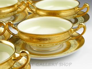Antique Hutschenreuther GOLD ENCRUSTED CREAM SOUP CUPS BOWLS AND SAUCERS Set 8 5