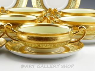 Antique Hutschenreuther GOLD ENCRUSTED CREAM SOUP CUPS BOWLS AND SAUCERS Set 8 6