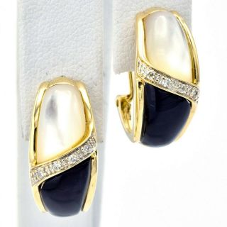 Vintage 14k Yellow Gold Onyx & Mother Of Pearl Diamond Omega Back Earrings 5.  9 G