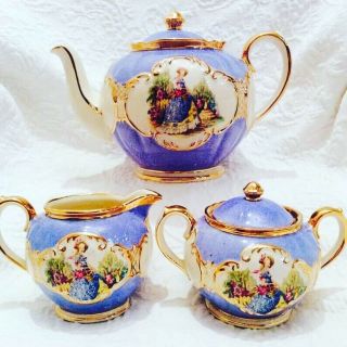 Sadler Rare Crinoline Lady Blue Globe Teapot Set