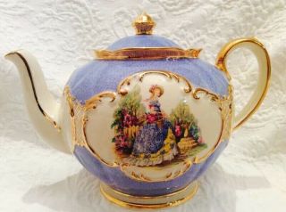 SADLER RARE Crinoline Lady Blue Globe Teapot Set 2