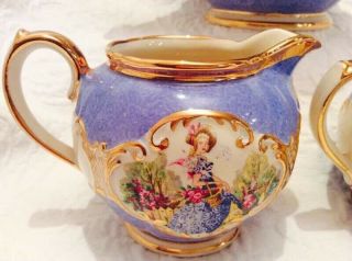 SADLER RARE Crinoline Lady Blue Globe Teapot Set 4