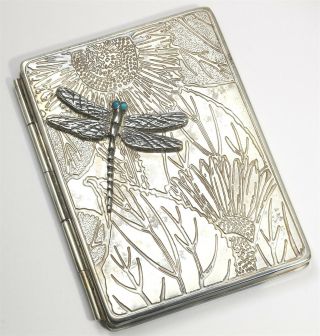 Vintage Signed Sterling Silver Art Deco Dragonfly Flower Picture Card Case 97g