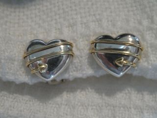 Tiffany & Co Sterling Silver & 18k Gold Puffy Heart Gold Arrow Earrings Vtg 1994