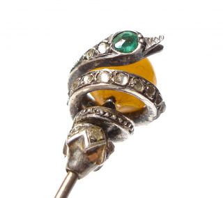 Victorian Or Edwardian Silver,  Paste Stones & Amber Snake Hat Pin