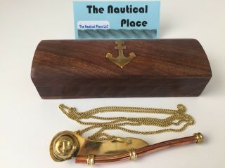 Brass / Copper Bosun Call w/ Box Boatswains Whistle Nautical Navy Necklace 3