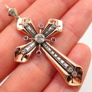 Antique 750/18k Gold & 925 Sterling Silver W/ Diamond Ruby Large Cross Pendant