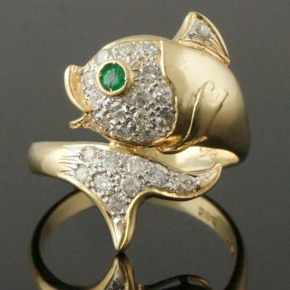 Solid 14k Yellow Gold,  Diamond & Emerald Eye,  Detailed Fish,  Estate Ring,  Nr