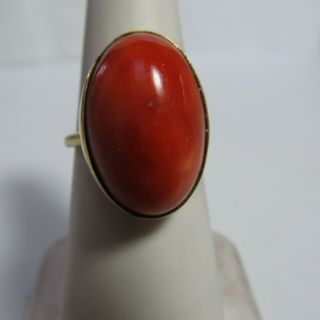 Antique 14k Solid Gold Ring With Large Oval Natural Coral 12 Mm X 19 Mm