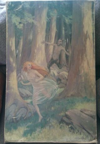 Rare Old Antique Painting Satyr Chasing Nude Wood Nymph Girl Canvas Board Signed