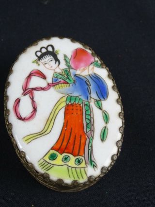 Old Chinese Womans Vanity Box With Mirror Ceramic Hand Painted Top Sacred Peach