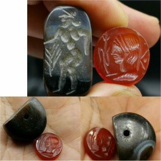 Old Wonderful Unique 2 Agate Stones Beads With Intaglios 38