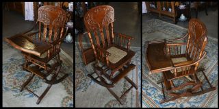 Antique Oak Heart Press Back Adjustable Baby High Chair Caned Seat Vintage Youth