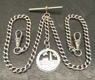 Old Vintage All Silver Double Albert Pocket Watch Chain & Fob.  H.  H 1930