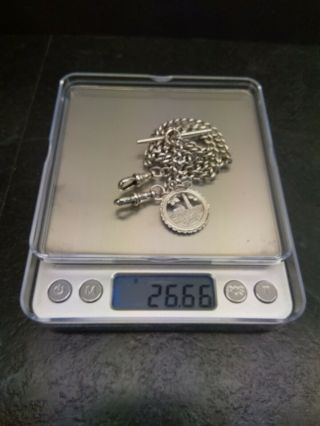 Old Vintage All Silver Double Albert Pocket Watch Chain & Fob.  H.  H 1930 8