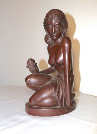 Antique Hand Carved Balinese Indonesian Nude Lady With Lotus Sculpture Statue