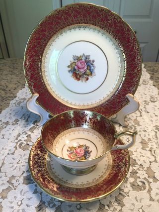 Vintage Aynsley J.  A.  Bailey Cabbage Rose Heavy Gold Filigree Cup Saucer Tea Trio