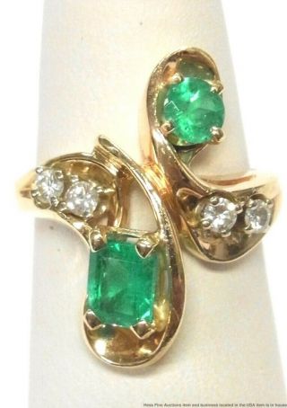 Quality Natural Emerald Fine Diamond 14k Gold Ring Vintage Freeform Crossover