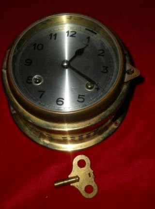 Vintage Brass Ships Bell Clock Key Wind W.  German Mariners Clock W/ Key