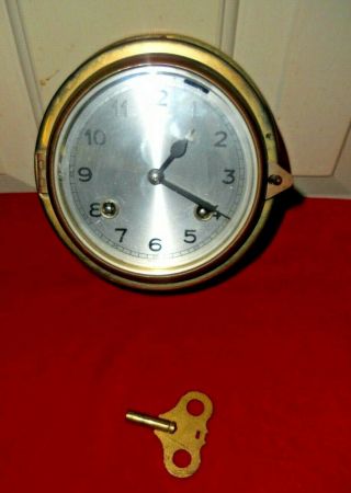 Vintage Brass Ships Bell Clock Key Wind W.  German Mariners Clock W/ Key 2