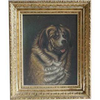 Antique American Victorian Oil On Canvas Painting,  Dog Portrait 19th Century