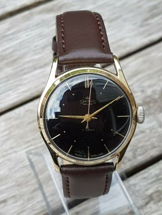 Smith Deluxe 9ct Gold Watch 1956 In Case,  Rare Black Dial