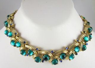 Gorgeous Trifari Gold Tone Faux Emerald & Sapphire Cabochon Necklace