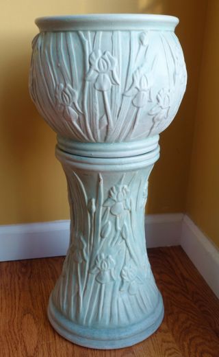 Lovely Antique Art Pottery Iris Jardiniere & Pedestal Set Celadon Glaze 22 "