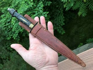 Antique German Flame Blade Dagger Carved Horn Handle Leather Sheath