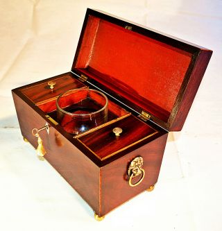 Georgian Sarcophagus Shaped Tea Caddy With Mixing Bowl & Key,  Circa 1810