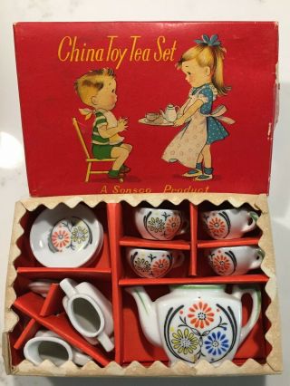 Vintage Sonsco 13 Piece Toy China Tea Set - Made In Japan Box Flowered