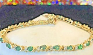 Vintage 10k Gold Natural Green Emerald & Diamond Bracelet Signed Adl