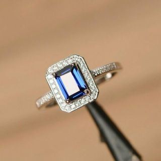 1.  3Ct Blue Sapphire Emerald Cut Diamond 14k White Gold Over Halo Engagement Ring 2