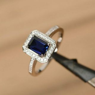 1.  3Ct Blue Sapphire Emerald Cut Diamond 14k White Gold Over Halo Engagement Ring 3
