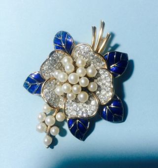Vintage Crown Trifari Brooch Pin Pearl Flower Rhinestones Blue Enamel Leaves