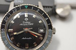 Vintage Zodiac Aerospace GMT,  Great Black Dial,  Sought After Bezel,  Runs 7