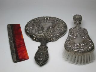 Antique Gorham Sterling Silver Vanity Set 23 Buttercup Hand Mirror Brush Comb