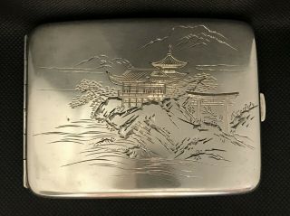 Japanese 950 Sterling Silver Cigarette Case.  Engraved Temple And Mountains