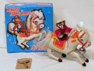 Monkey Riding Horse Tin Litho Wind Up Toy With Key And Box 1970